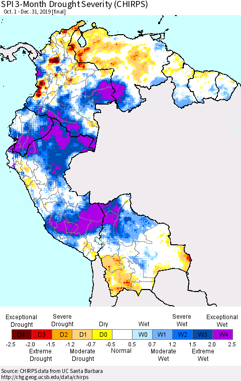 Northern South America SPI 3-Month Drought Severity (CHIRPS) Thematic Map For 10/1/2019 - 12/31/2019