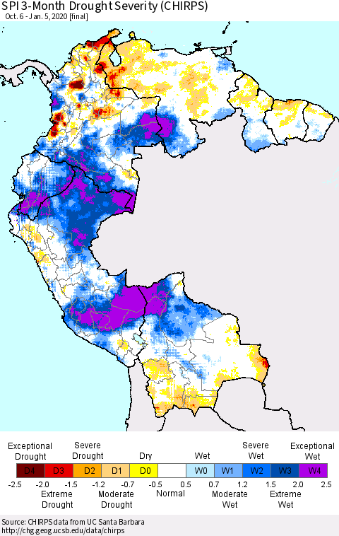 Northern South America SPI 3-Month Drought Severity (CHIRPS) Thematic Map For 10/6/2019 - 1/5/2020