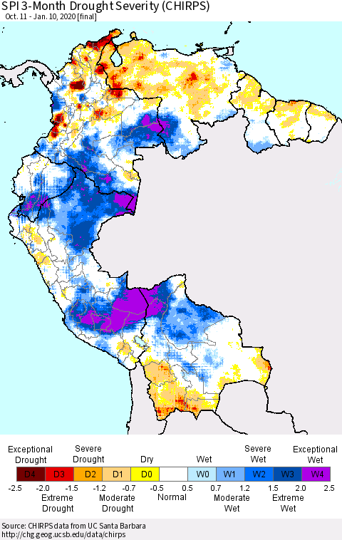 Northern South America SPI 3-Month Drought Severity (CHIRPS) Thematic Map For 10/11/2019 - 1/10/2020