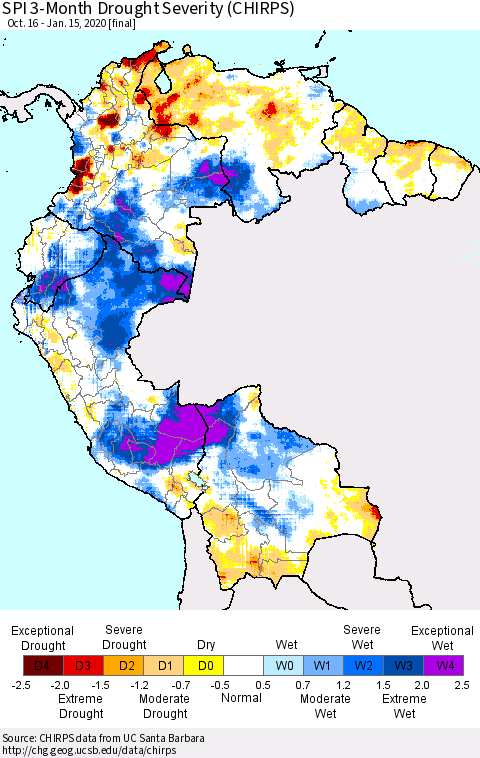 Northern South America SPI 3-Month Drought Severity (CHIRPS) Thematic Map For 10/16/2019 - 1/15/2020