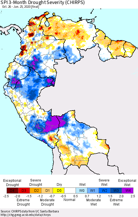 Northern South America SPI 3-Month Drought Severity (CHIRPS) Thematic Map For 10/26/2019 - 1/25/2020