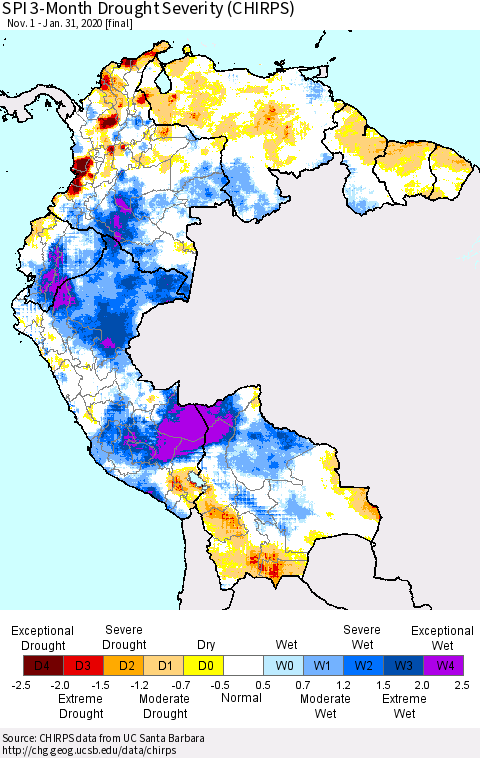 Northern South America SPI 3-Month Drought Severity (CHIRPS) Thematic Map For 11/1/2019 - 1/31/2020