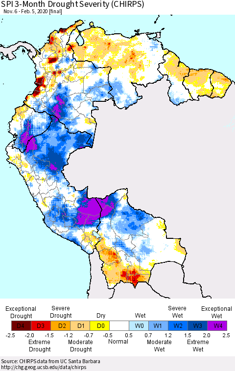 Northern South America SPI 3-Month Drought Severity (CHIRPS) Thematic Map For 11/6/2019 - 2/5/2020