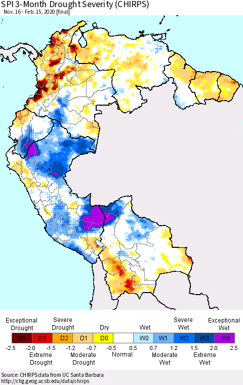 Northern South America SPI 3-Month Drought Severity (CHIRPS) Thematic Map For 11/16/2019 - 2/15/2020