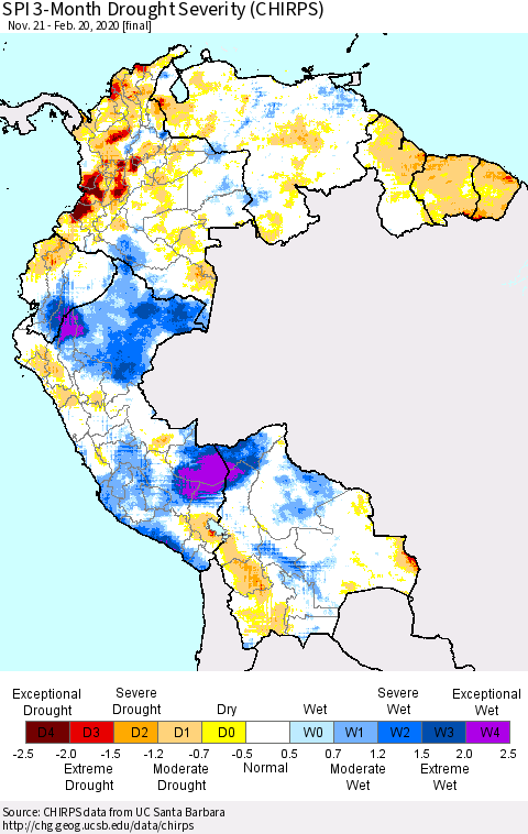 Northern South America SPI 3-Month Drought Severity (CHIRPS) Thematic Map For 11/21/2019 - 2/20/2020