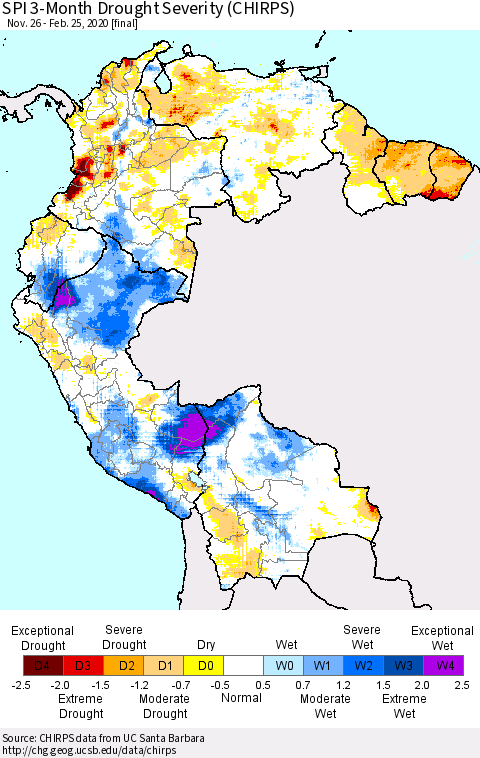 Northern South America SPI 3-Month Drought Severity (CHIRPS) Thematic Map For 11/26/2019 - 2/25/2020