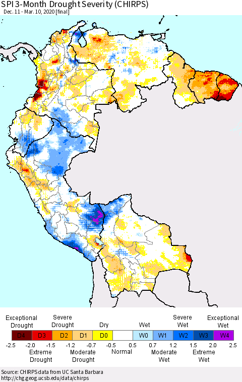 Northern South America SPI 3-Month Drought Severity (CHIRPS) Thematic Map For 12/11/2019 - 3/10/2020