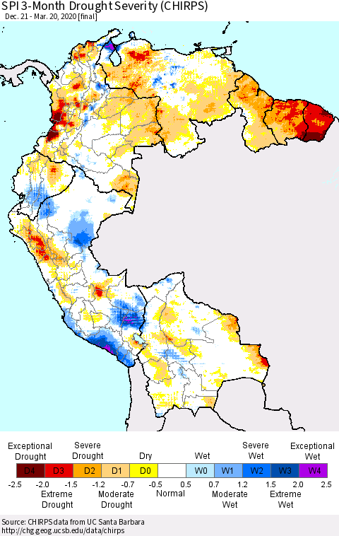 Northern South America SPI 3-Month Drought Severity (CHIRPS) Thematic Map For 12/21/2019 - 3/20/2020