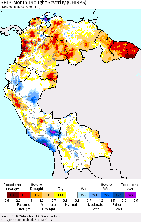 Northern South America SPI 3-Month Drought Severity (CHIRPS) Thematic Map For 12/26/2019 - 3/25/2020