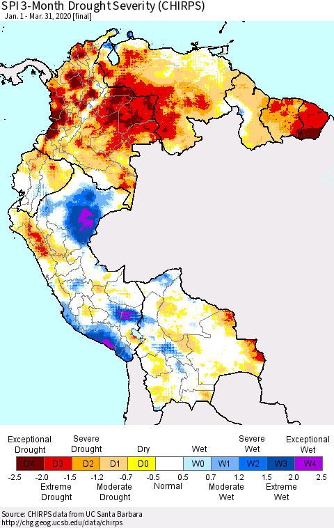 Northern South America SPI 3-Month Drought Severity (CHIRPS) Thematic Map For 1/1/2020 - 3/31/2020