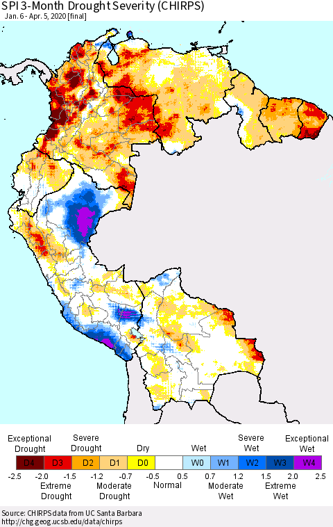 Northern South America SPI 3-Month Drought Severity (CHIRPS) Thematic Map For 1/6/2020 - 4/5/2020