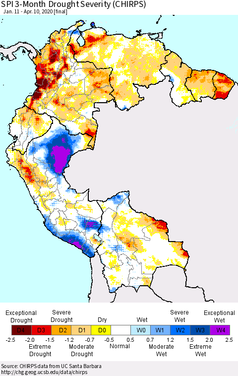 Northern South America SPI 3-Month Drought Severity (CHIRPS) Thematic Map For 1/11/2020 - 4/10/2020