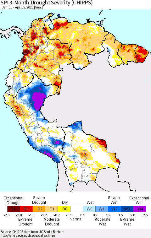 Northern South America SPI 3-Month Drought Severity (CHIRPS) Thematic Map For 1/16/2020 - 4/15/2020