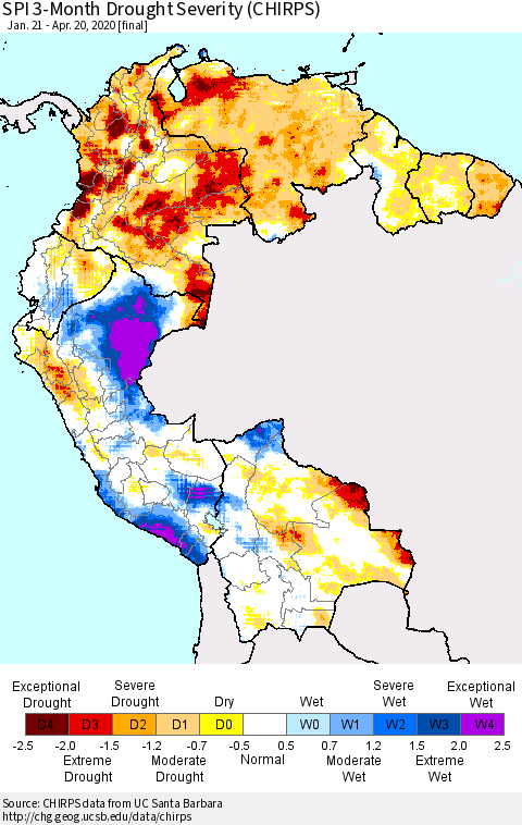 Northern South America SPI 3-Month Drought Severity (CHIRPS) Thematic Map For 1/21/2020 - 4/20/2020
