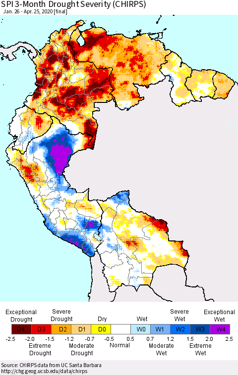 Northern South America SPI 3-Month Drought Severity (CHIRPS) Thematic Map For 1/26/2020 - 4/25/2020