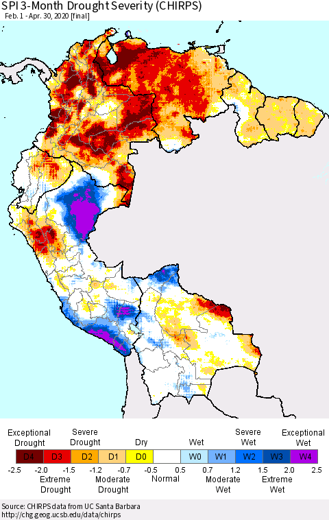 Northern South America SPI 3-Month Drought Severity (CHIRPS) Thematic Map For 2/1/2020 - 4/30/2020