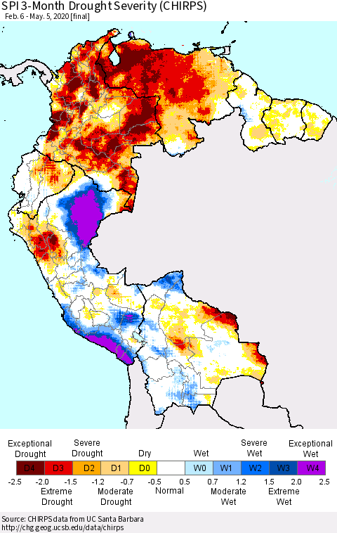 Northern South America SPI 3-Month Drought Severity (CHIRPS) Thematic Map For 2/6/2020 - 5/5/2020