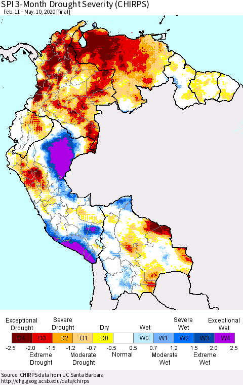 Northern South America SPI 3-Month Drought Severity (CHIRPS) Thematic Map For 2/11/2020 - 5/10/2020