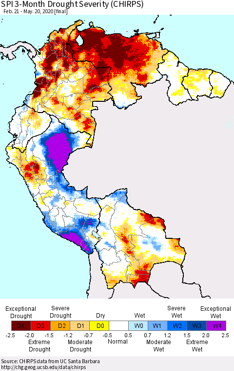 Northern South America SPI 3-Month Drought Severity (CHIRPS) Thematic Map For 2/21/2020 - 5/20/2020