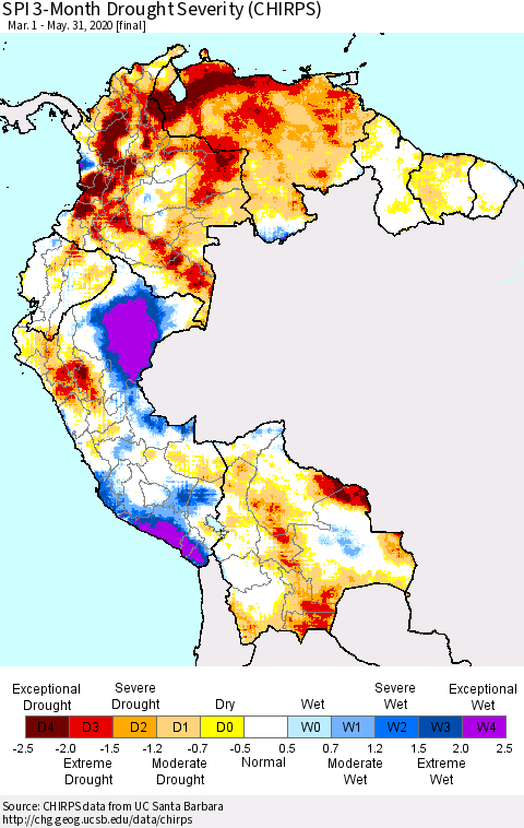 Northern South America SPI 3-Month Drought Severity (CHIRPS) Thematic Map For 3/1/2020 - 5/31/2020