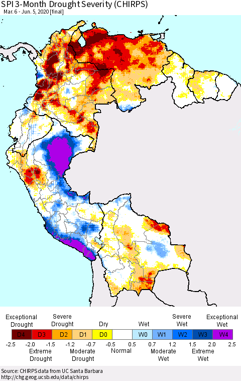 Northern South America SPI 3-Month Drought Severity (CHIRPS) Thematic Map For 3/6/2020 - 6/5/2020