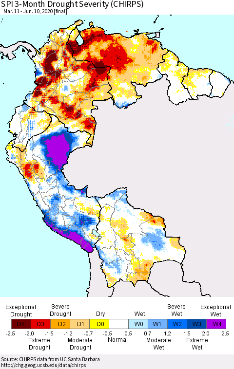 Northern South America SPI 3-Month Drought Severity (CHIRPS) Thematic Map For 3/11/2020 - 6/10/2020