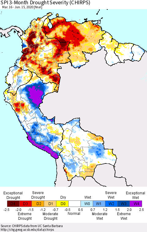 Northern South America SPI 3-Month Drought Severity (CHIRPS) Thematic Map For 3/16/2020 - 6/15/2020