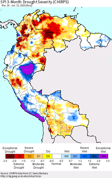 Northern South America SPI 3-Month Drought Severity (CHIRPS) Thematic Map For 3/26/2020 - 6/25/2020