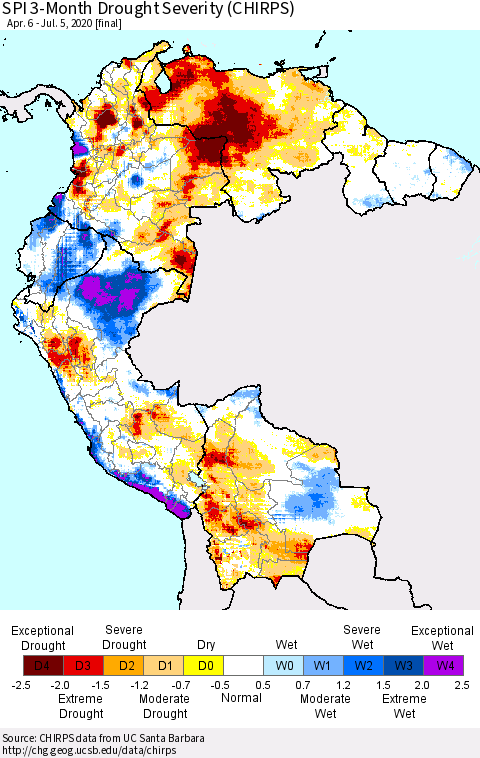 Northern South America SPI 3-Month Drought Severity (CHIRPS) Thematic Map For 4/6/2020 - 7/5/2020