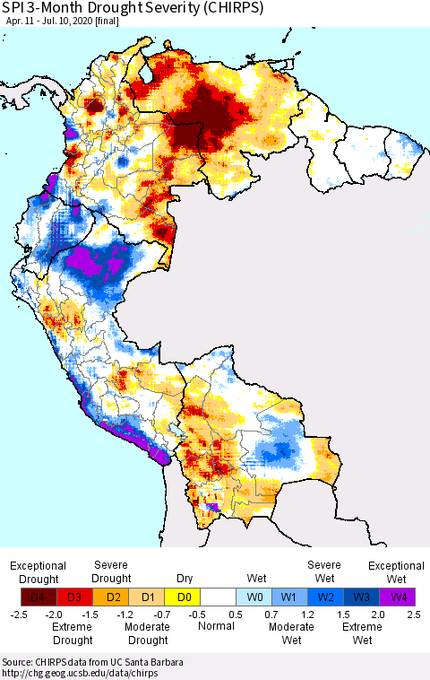 Northern South America SPI 3-Month Drought Severity (CHIRPS) Thematic Map For 4/11/2020 - 7/10/2020
