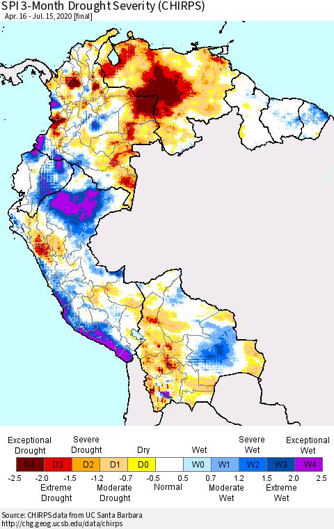 Northern South America SPI 3-Month Drought Severity (CHIRPS) Thematic Map For 4/16/2020 - 7/15/2020