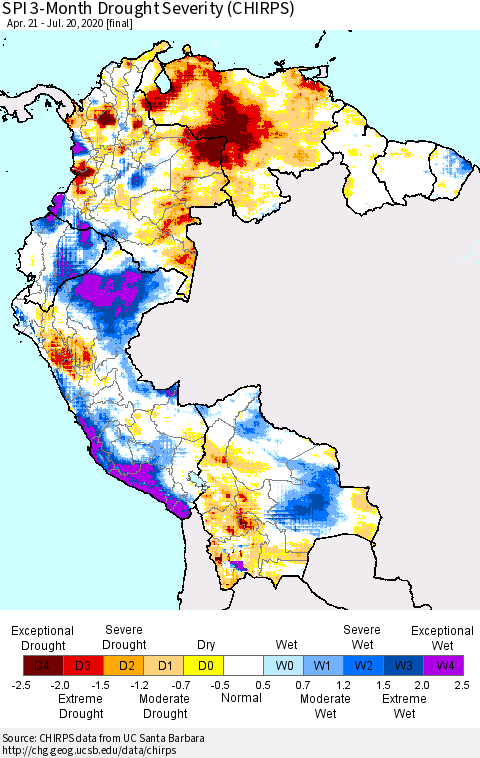 Northern South America SPI 3-Month Drought Severity (CHIRPS) Thematic Map For 4/21/2020 - 7/20/2020