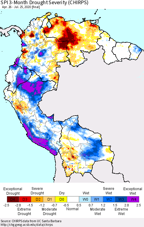 Northern South America SPI 3-Month Drought Severity (CHIRPS) Thematic Map For 4/26/2020 - 7/25/2020