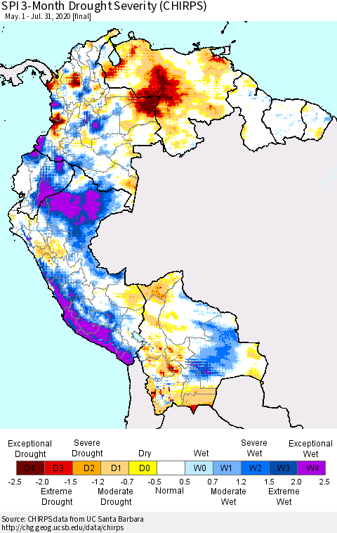 Northern South America SPI 3-Month Drought Severity (CHIRPS) Thematic Map For 5/1/2020 - 7/31/2020