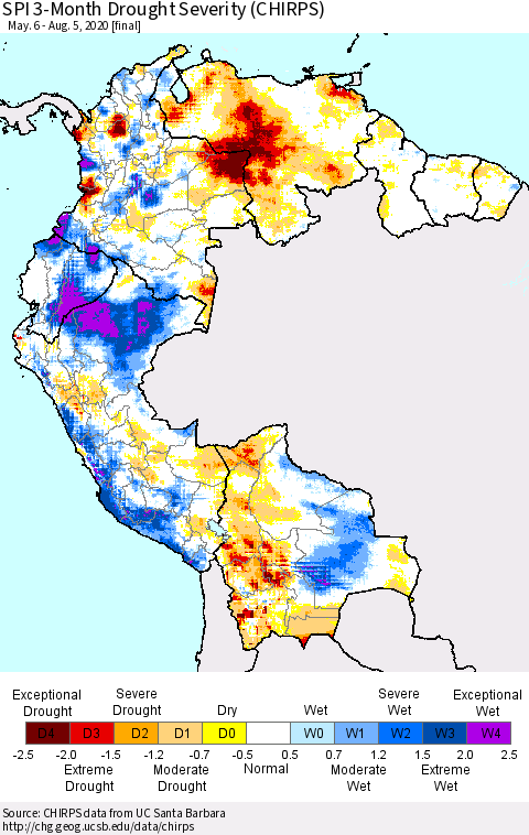 Northern South America SPI 3-Month Drought Severity (CHIRPS) Thematic Map For 5/6/2020 - 8/5/2020