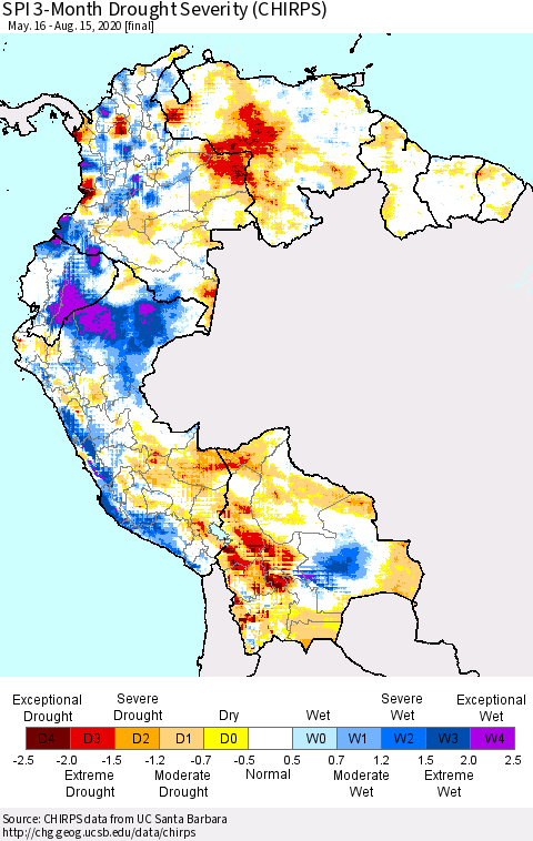Northern South America SPI 3-Month Drought Severity (CHIRPS) Thematic Map For 5/16/2020 - 8/15/2020
