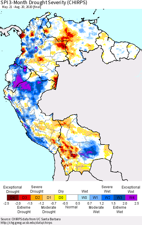 Northern South America SPI 3-Month Drought Severity (CHIRPS) Thematic Map For 5/21/2020 - 8/20/2020