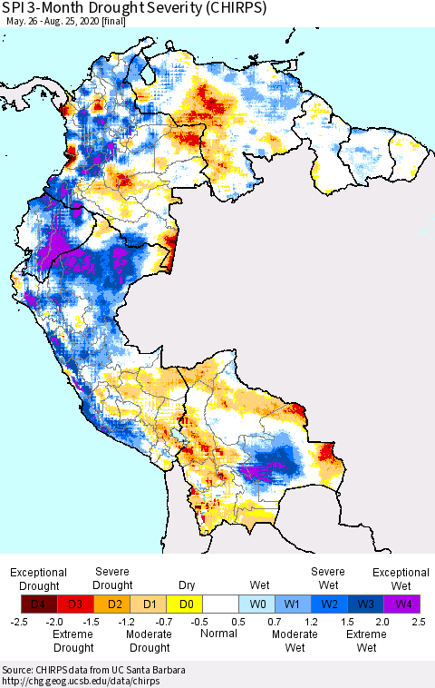 Northern South America SPI 3-Month Drought Severity (CHIRPS) Thematic Map For 5/26/2020 - 8/25/2020