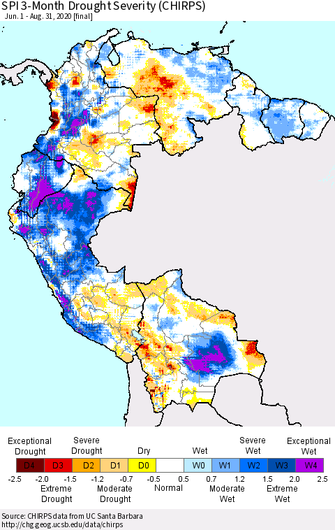 Northern South America SPI 3-Month Drought Severity (CHIRPS) Thematic Map For 6/1/2020 - 8/31/2020