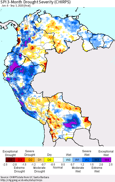 Northern South America SPI 3-Month Drought Severity (CHIRPS) Thematic Map For 6/6/2020 - 9/5/2020