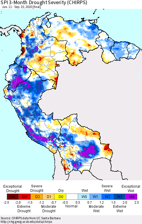 Northern South America SPI 3-Month Drought Severity (CHIRPS) Thematic Map For 6/11/2020 - 9/10/2020