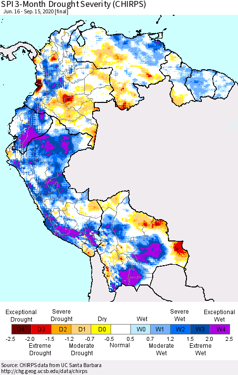 Northern South America SPI 3-Month Drought Severity (CHIRPS) Thematic Map For 6/16/2020 - 9/15/2020
