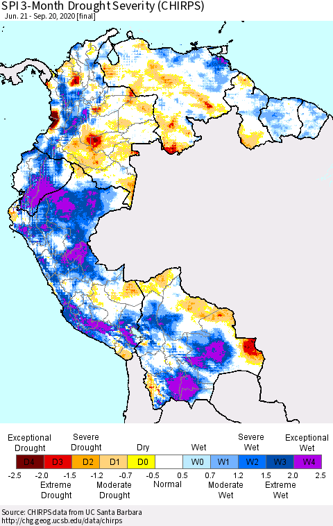Northern South America SPI 3-Month Drought Severity (CHIRPS) Thematic Map For 6/21/2020 - 9/20/2020