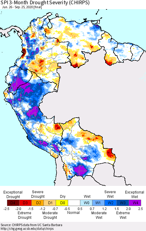 Northern South America SPI 3-Month Drought Severity (CHIRPS) Thematic Map For 6/26/2020 - 9/25/2020