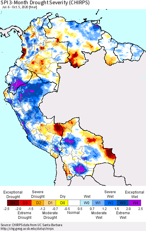 Northern South America SPI 3-Month Drought Severity (CHIRPS) Thematic Map For 7/6/2020 - 10/5/2020