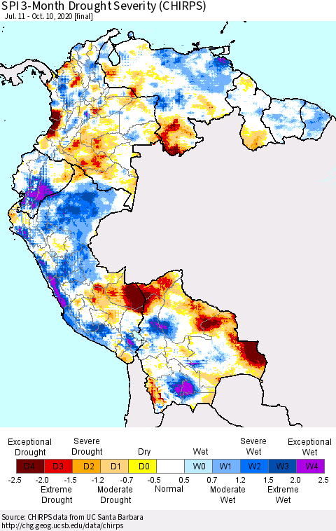 Northern South America SPI 3-Month Drought Severity (CHIRPS) Thematic Map For 7/11/2020 - 10/10/2020