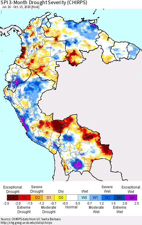 Northern South America SPI 3-Month Drought Severity (CHIRPS) Thematic Map For 7/16/2020 - 10/15/2020