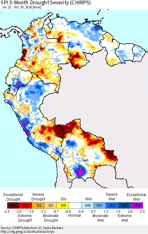 Northern South America SPI 3-Month Drought Severity (CHIRPS) Thematic Map For 7/21/2020 - 10/20/2020