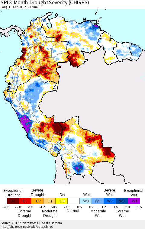 Northern South America SPI 3-Month Drought Severity (CHIRPS) Thematic Map For 8/1/2020 - 10/31/2020