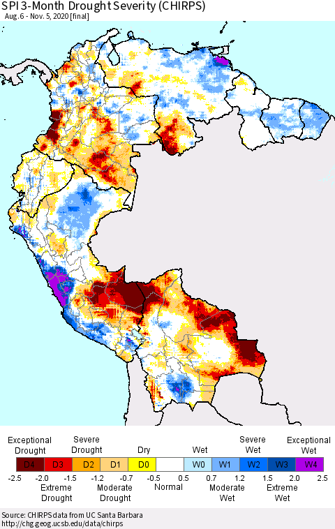 Northern South America SPI 3-Month Drought Severity (CHIRPS) Thematic Map For 8/6/2020 - 11/5/2020